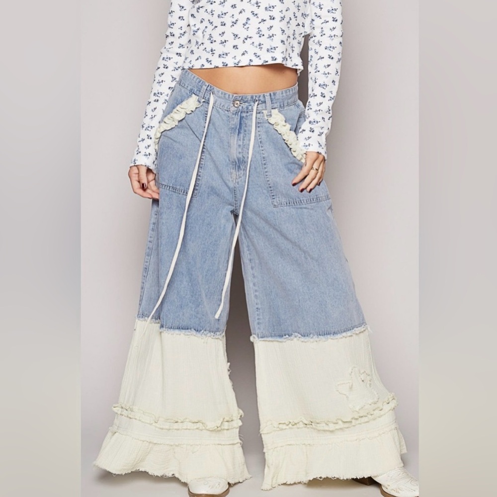 POL Light Blue and Cream Flare Jeans
